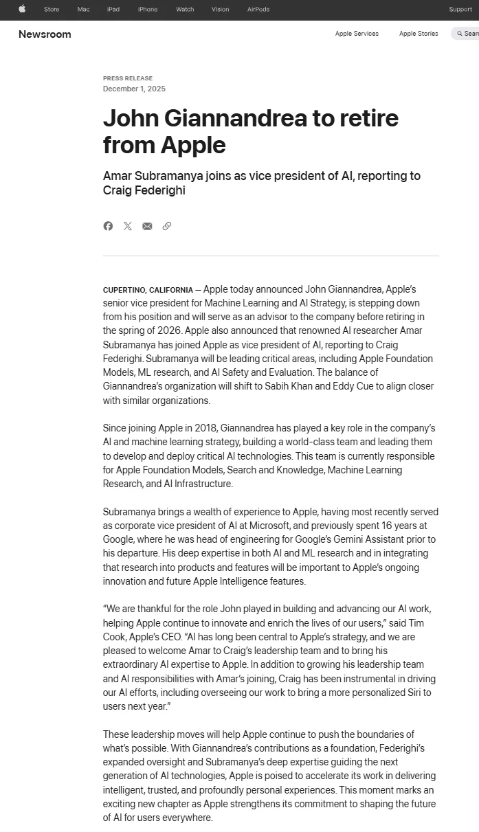 苹果官宣：更换AI主管