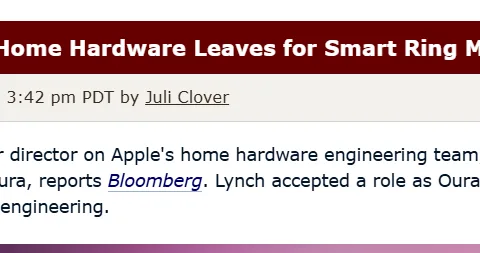 苹果家居硬件负责人跳槽智能戒指制造商Oura