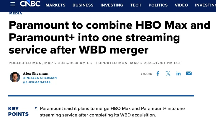 1110亿美元推进收购华纳兄弟，派拉蒙计划整合流媒体