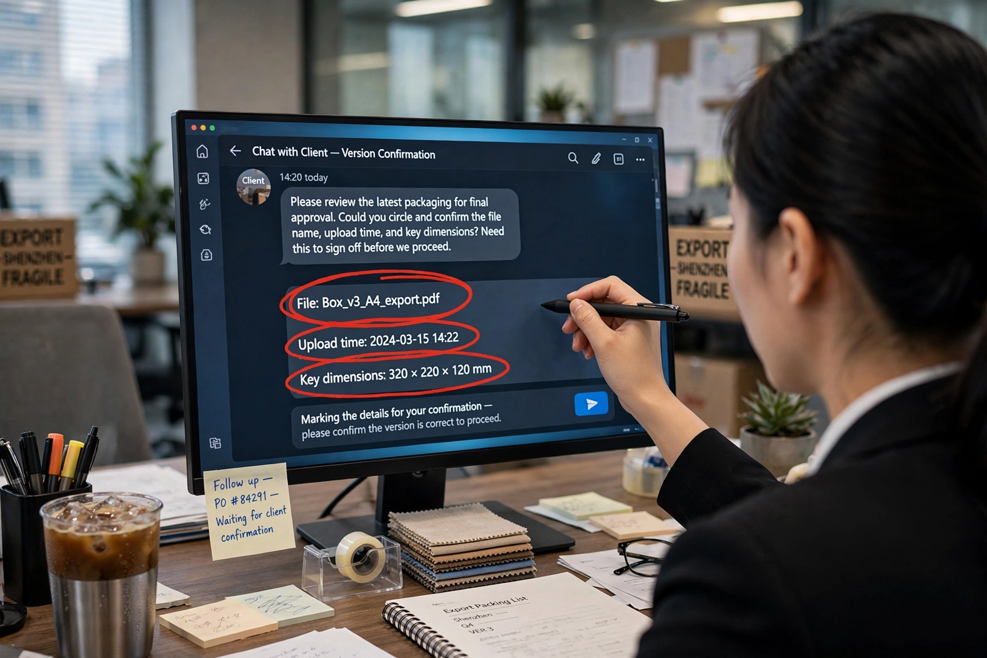 外贸业务员在Teams群里截图请客户确认图纸版本