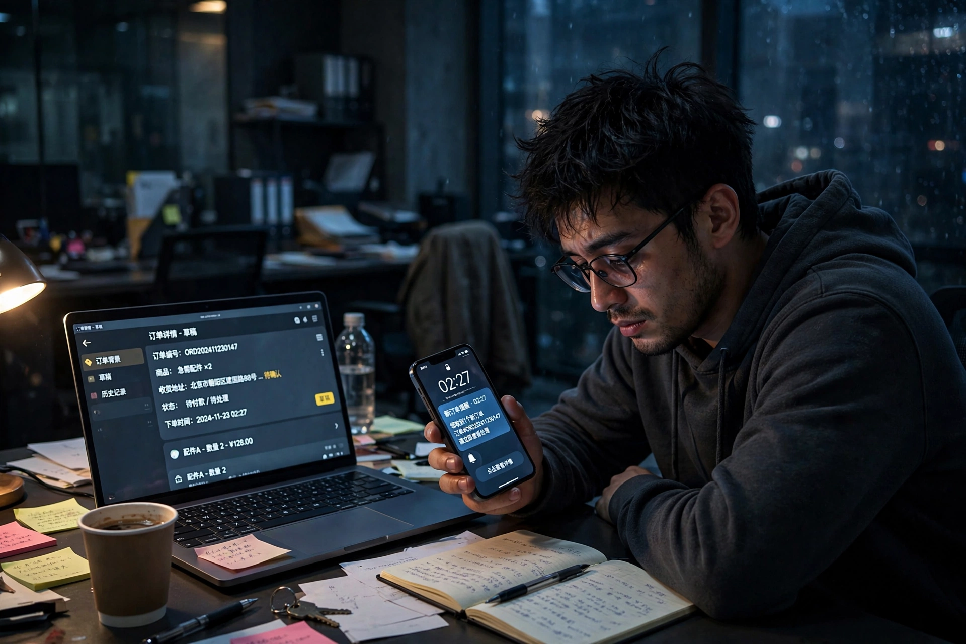 图2 AI创业夜里守单时整理订单背景与安抚草稿的场景