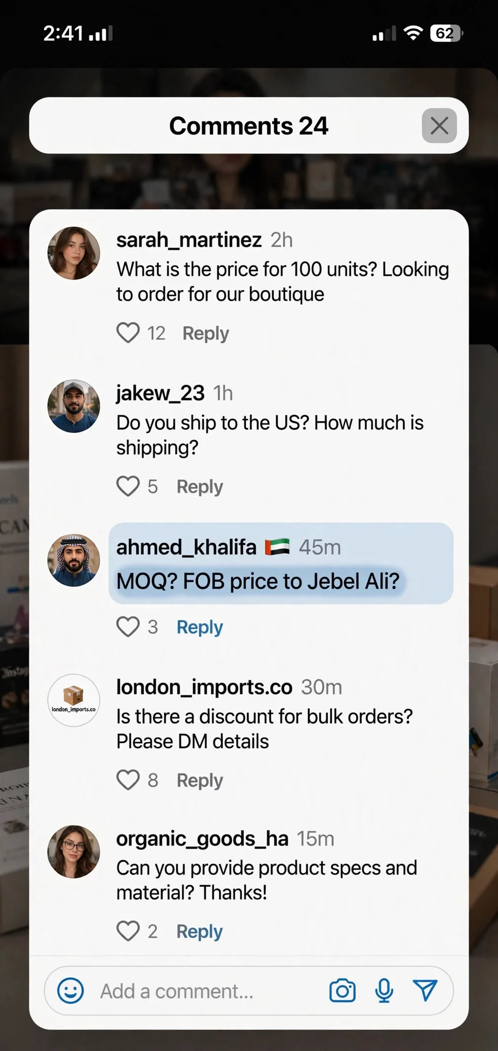 Instagram评论区迪拜客户询问MOQ截图示意