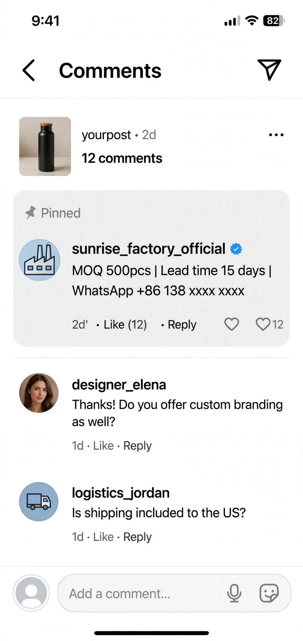Instagram置顶评论写清MOQ交期联系方式