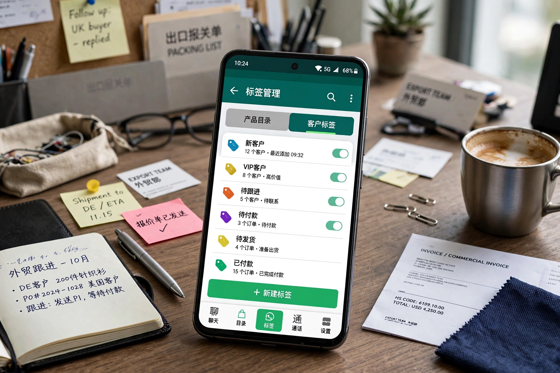 图:WhatsApp business的产品目录和标签,让外贸客户管理不用再靠脑子记。