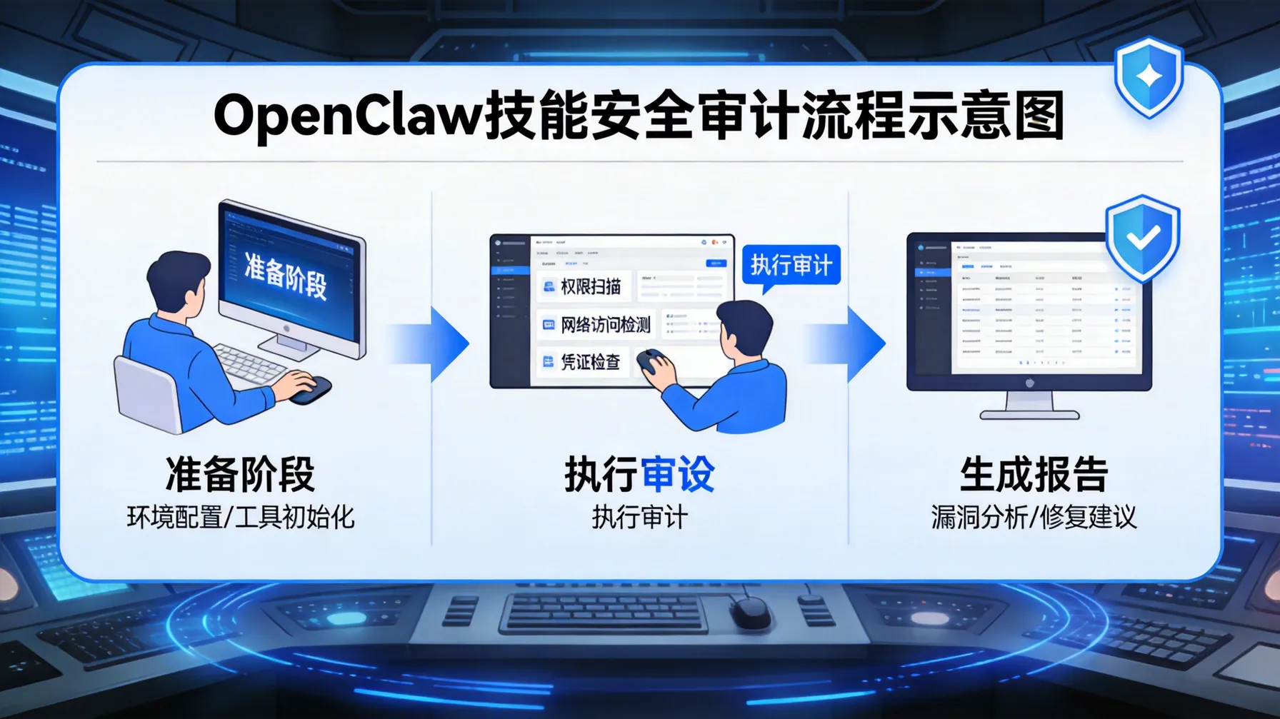 OpenClaw技能安全审计流程图，展示准备、扫描与报告三个阶段