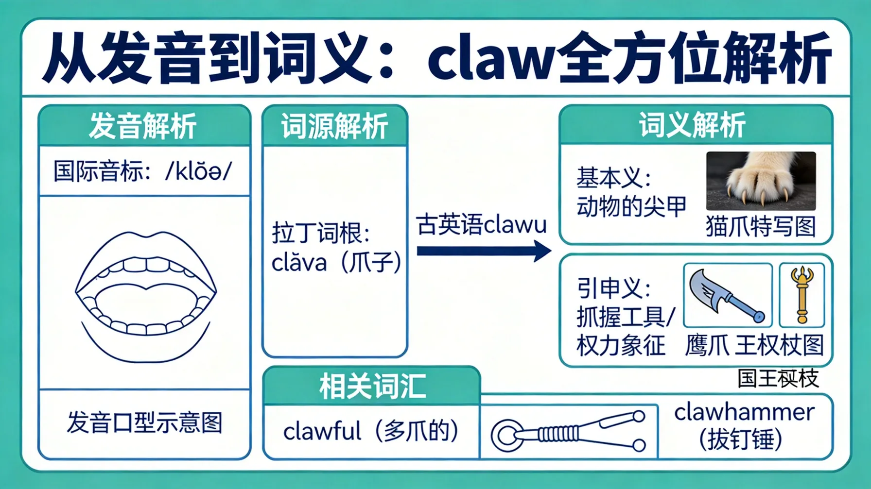 从发音到词义：claw全方位解析 概念示意图