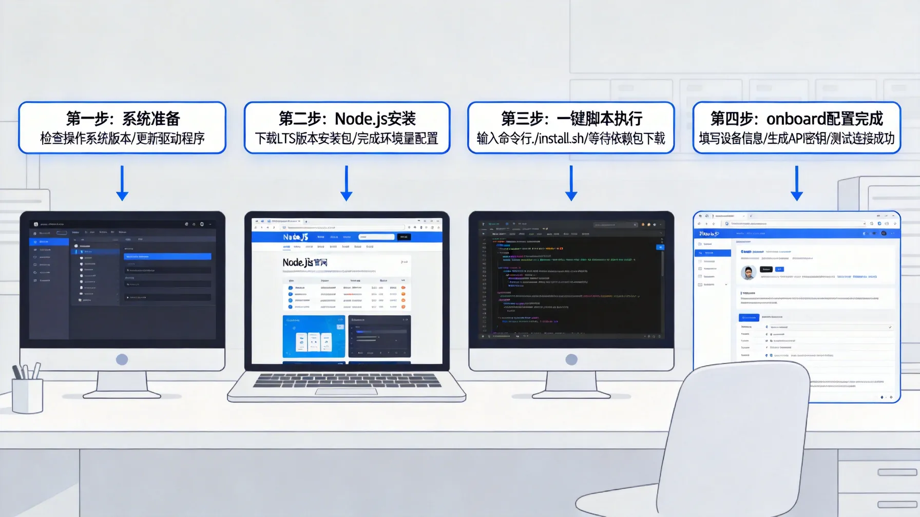 OpenClaw安装流程图，包括环境准备、脚本执行和配置步骤
