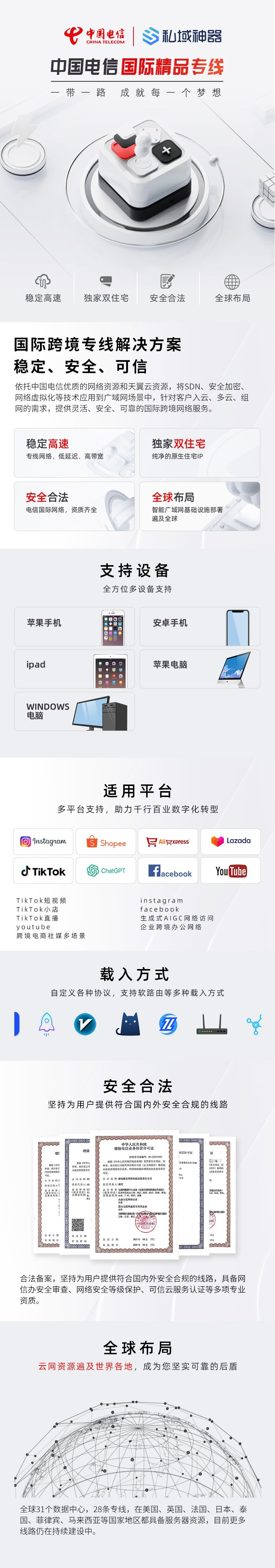 中国电信国际跨境直播专线(高速高带宽、低时延、多种连接方式、适用范围广泛、电信官方授权专线、通达全球)